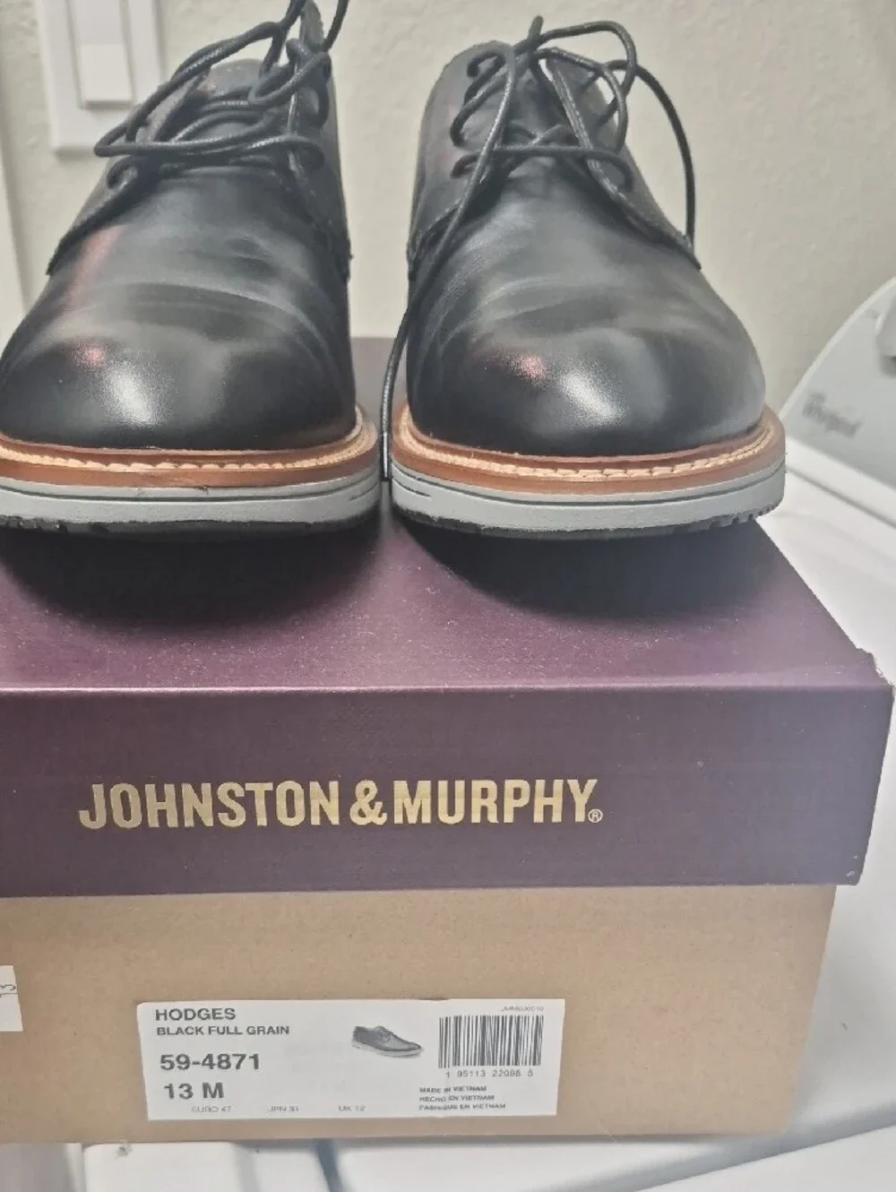 Johnston & Murphy Black Leather Derby Shoes with Brown Welt Trim